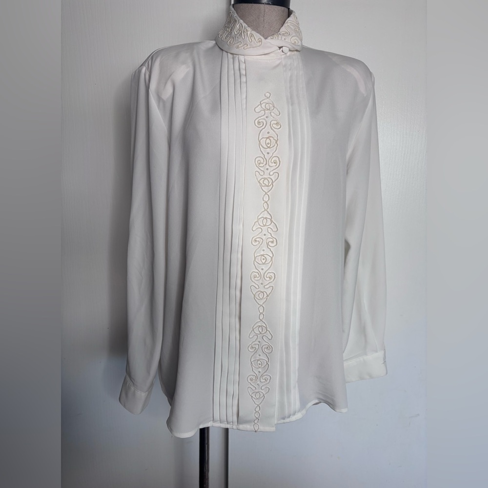 VTG Ship 'n Shore White Pearl Beaded Blouse - 80s Victorian Ivory 14
